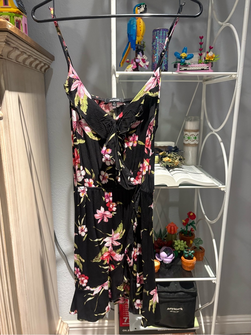 Floral Tie-Front Black Spaghetti Strap Dress